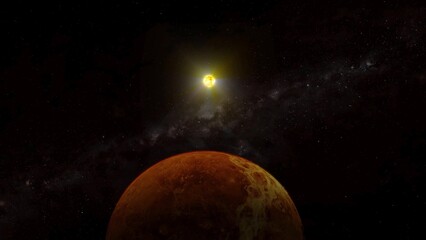 3d realistic Venus surface planet with glowing sun