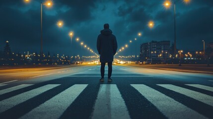 A man is standing on a street in the rain. The street is wet and the man is wearing a black jacket