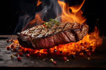 Grill steaks on a grill with flames