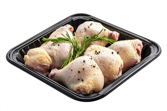 Raw fresh chicken thight or leg on black tray or plastic pack isolated on white background.Food from poultry for cooking or barbecue grill concept.with clipping path.