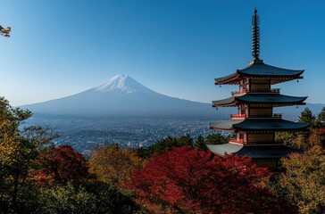 Red pagoda in the foreground, Chureito Pagoda overlooking Mount Fuji and the cityscape of Japan, with beautiful autumn colors, red leaves on the trees