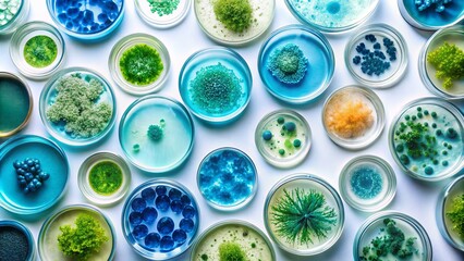 Aerial Photography of Microalgae Variety in Laboratory Petri Dishes – Diverse Blue Microalgae Samples on White Background for Scientific Research and Wallpaper Use