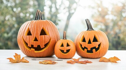 Three cheerful Halloween pumpkins with carved faces sit on a table, surrounded by autumn leaves and a blurred background of trees.