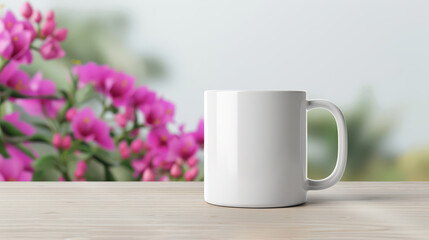 Blank Mug Mockup: A pristine white mug sits on a wooden table, with a soft focus background of vibrant pink flowers. Perfect for showcasing your design and branding on a classic everyday item.  