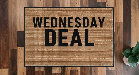 Wednesday deal text on mat rug in wooden floor background