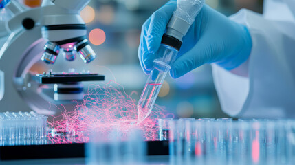 A scientist in laboratory is conducting an experiment, using pipette to transfer liquid into test tube, surrounded by various glassware and microscope. scene conveys sense of innovation and discovery