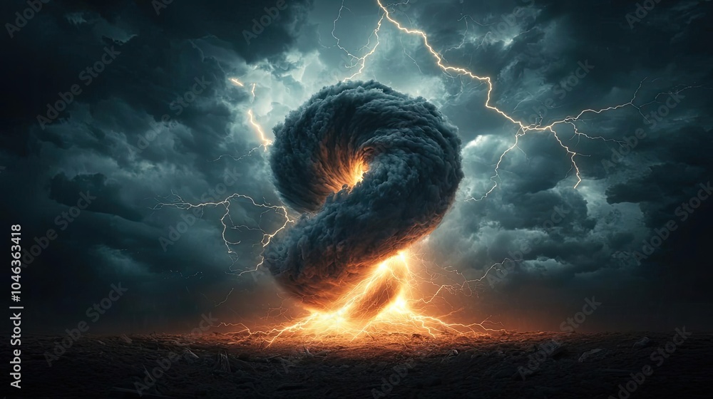 Poster Dramatic storm clouds with lightning and an illuminated question mark shape.