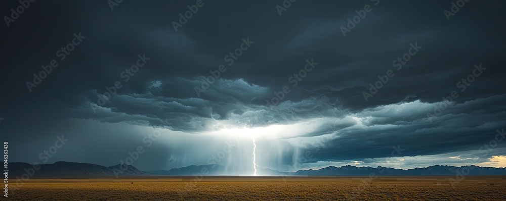 Poster dramatic thunderstorm with dark clouds and bright lightning over a vast landscape.
