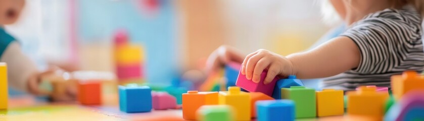 Image of young children playing with educational toys and blocks in a colorful preschool classroom, fostering creativity and early learning