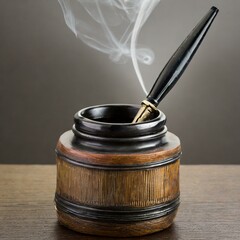 Wooden ink box  with ink pen smoky and black background 