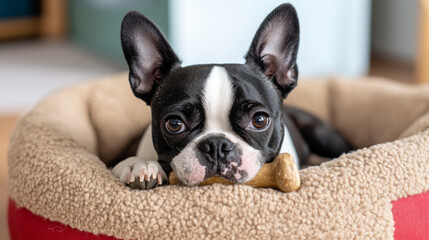 A playful black and white French Bulldog rests comfortably in cozy dog bed, holding chew bone. dogs expressive eyes convey sense of curiosity and warmth