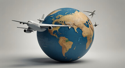 Fototapeta premium A simple globe with an airplane circling it, symbolizing travel and global exploration, isolated on a white background.