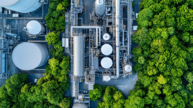Aerial view of an industrial facility surrounded by lush green trees, showcasing blend of nature and industry. image captures intricate network of pipes and storage tanks
