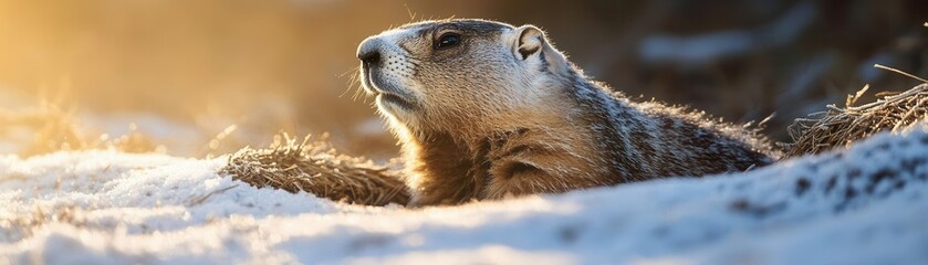 Groundhog Day image of a closeup of a groundhog sniffing the air as it emerges from its burrow, with frosty ground and early morning light
