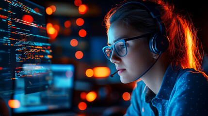 Innovative woman engaged in coding, wearing headset, surrounded by glowing screens and vibrant lights, showcasing modern tech environment