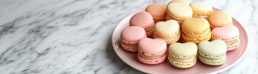 A plate of heartshaped macarons on a marble surface, pastel colors, delicate dessert