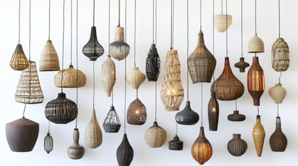 A mix of bohemian, industrial, and Scandinavian-style hanging lamps arranged artfully on a smooth white background