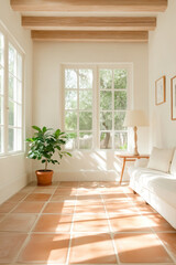 A bright and airy interior space featuring cozy sofa, potted plant, and large windows that allow natural light to fill room. warm tones of terracotta floor and wooden beams create welcoming atmosphere