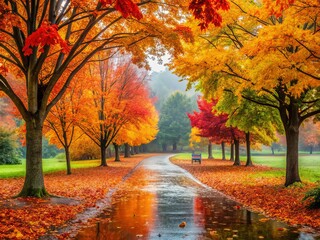 Naklejka premium Autumn Rain in the Park - Fall Colors, Wet Leaves, Tranquil Atmosphere, Nature Walk, Scenic Beauty, Colorful Trees, Reflection in Puddles, Cozy Vibes, Outdoor Serenity