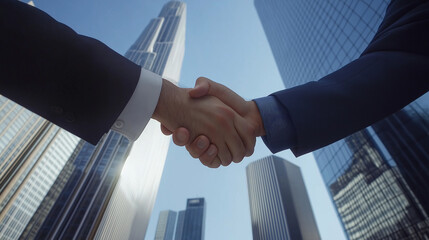 Handshake between two businessmen in the background of a business center