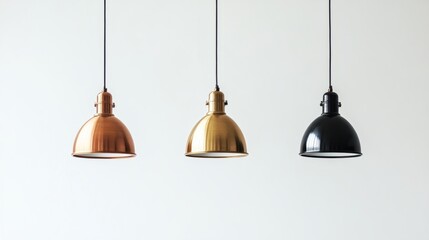Sleek pendant lamps in copper, gold, and black finishes hanging gracefully against a soft white surface.