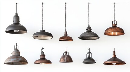 Unique ceiling lamps in industrial, rustic, and modern designs displayed on a smooth white background for visual clarity.
