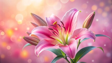 Fototapeta premium Beautiful EV Pink Lily on Soft Pink Background - Captivating Tilt-Shift Photography for Floral Enthusiasts and Nature Lovers