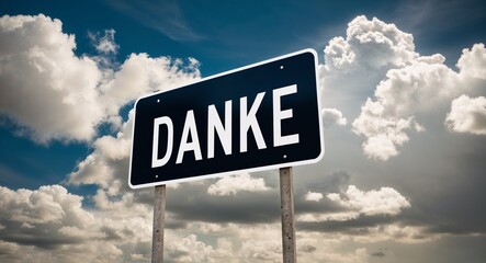 Fototapeta premium danke text on road sign with clouds and sky background