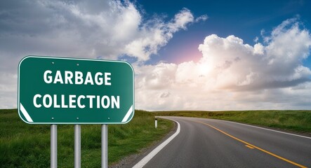 Garbage collection text on road sign with clouds and sky background