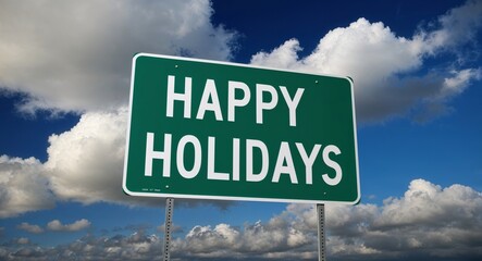 happy holidays text on road sign with clouds and sky background