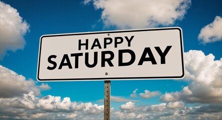 Fototapeta premium happy Saturday text on road sign with clouds and sky background