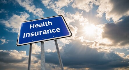 Obraz premium health insurance text on road sign with clouds and sky background