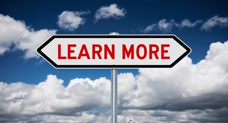 Learn More text on road sign with clouds and sky background