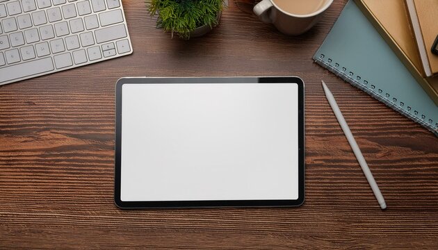 Modern office desk with a blank digital tablet on a sleek wooden surface, surrounded by minimalist office supplies, ready for design display mockups