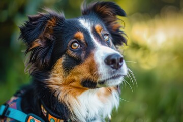 Fototapeta premium Cute Dog in Colorful Harness: Pet Accessories Promotion for Quality Brand Awareness