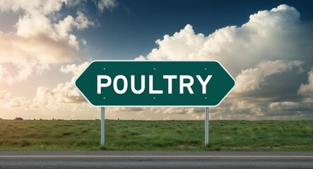 Poultry text on road sign with clouds and sky background