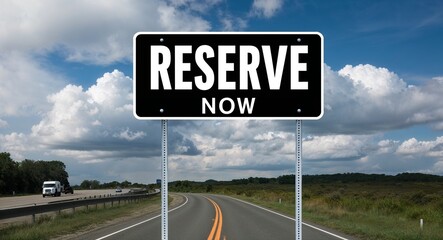 Reserve now text on road sign with clouds and sky background