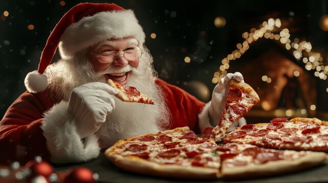 Santa, dressed in his iconic red suit, is joyfully indulging in a large pepperoni pizza, set against a cozy, festive background with twinkling lights.