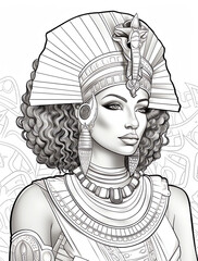 Obraz premium Coloring page for adults: an Egyptian queen with afro hair, wearing a pharaoh's headdress and ancient , in clean line art.