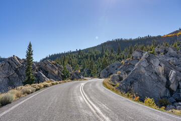 Silver Gate, that formed when travertine from Terrace Mountain collapsed in a landslide. calcium-carbonate rocks. Yellowstone National Park, Wyoming