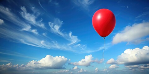 Fototapeta premium Red balloon floating in the sky, balloon, floating, red, sky, air, childhood, fun, happiness, joyful, cheerful, celebration