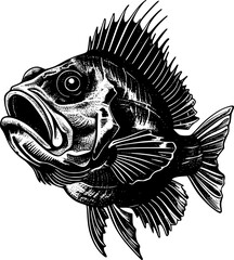 Black and white illustration of a spiky fish with an open mouth.