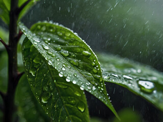 A macro shot of a rain-soaked green leaf, with each drop of water accentuating the leaf&rsquo;s intricate veins.