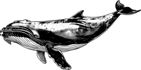 Black and white illustration of a whale with detailed textures and lines. © shahadatarman 0