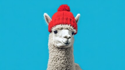 Obraz premium A cute alpaca wearing a cozy knitted hat, showcasing its fluffy fleece and playful personality. The alpaca's expressive eyes and soft features create an adorable character, 