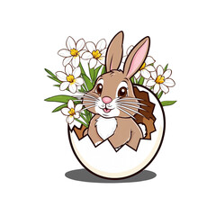 Obraz premium Adorable Easter Bunny Popping Out of Egg with White Flowers – Cute Spring Illustration for Easter Cards, Decor, and Holiday Gifts