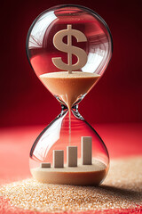 Hourglass with dollar sign at the top and bars of the graph. Financial growth. Economic progress or depletion. Relationship between time and money.