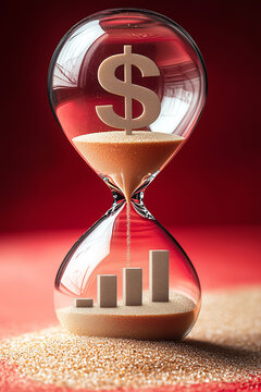 Hourglass with dollar sign at the top and bars of the graph. Financial growth. Economic progress or depletion. Relationship between time and money.