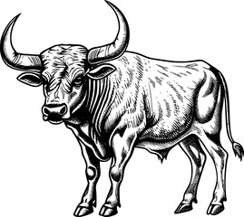 Hand-drawn illustration of a bull with large horns in a black and white drawing style.