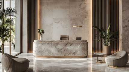 A luxurious office reception with a marble desk